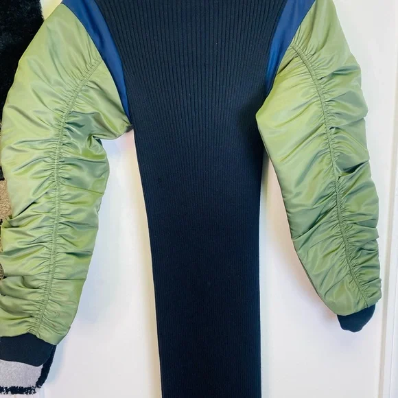 Zara Ribbed Black Midi Dress with Ruched Olive Green and Blue Bomber Sleeves - Picture 10 of 12